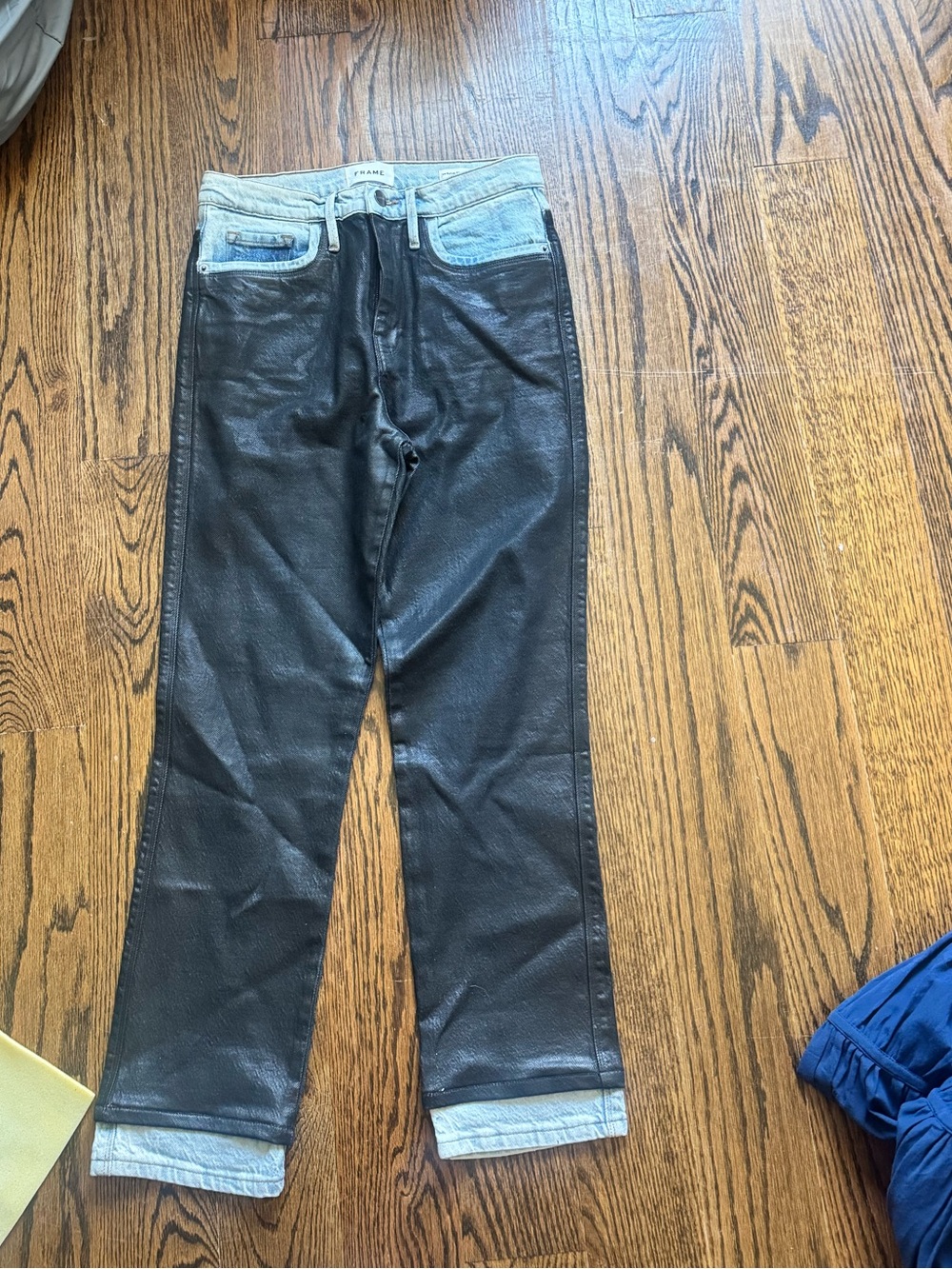 Frame Denim Black Jeans with Light Denim Waistband and Cuffs